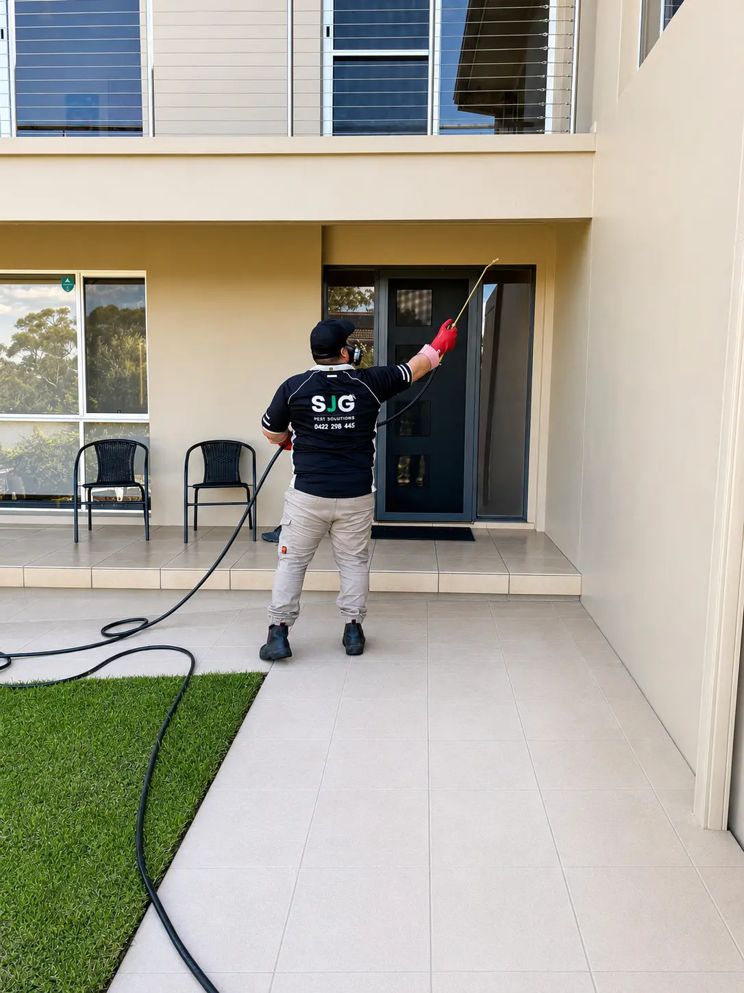 SJG Pest Solutions technician spraying a barrier treatment around a Sydney home's entrance